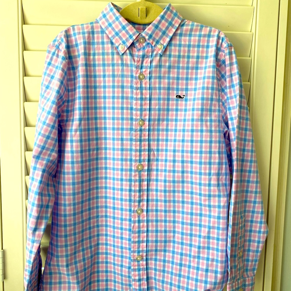 Boys Vineyard Vines Classic Button Down Shirt (Size S/8-10) pink/blue gingham